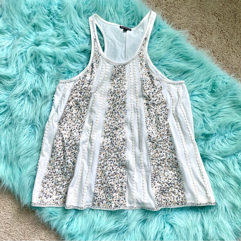 Express White Silver & Gold Sequins Racerback Tank Top